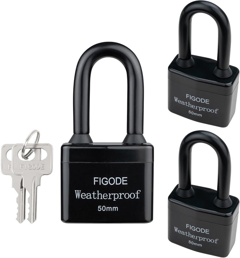 FIGODE ® Outdoor Waterproof Padlocks, Covered Heavy Duty Laminated Steel Locks, Large Sturdy Locks, 2.2 in. Wide, 3 Locks Same Key, Long Padlocks - Image 1